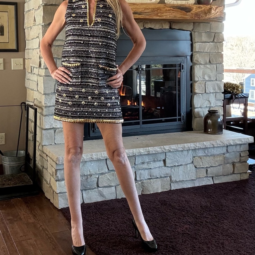 $495 Rachel Zoe Pearl & Gold Stud Embellished Tweed Velma Dress